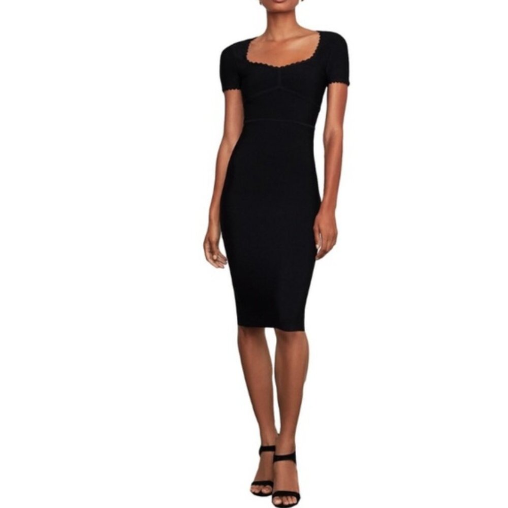 BeBe Women's Midi Scalloped Bodycon Black Dress Sweetheart Neckline Size XS